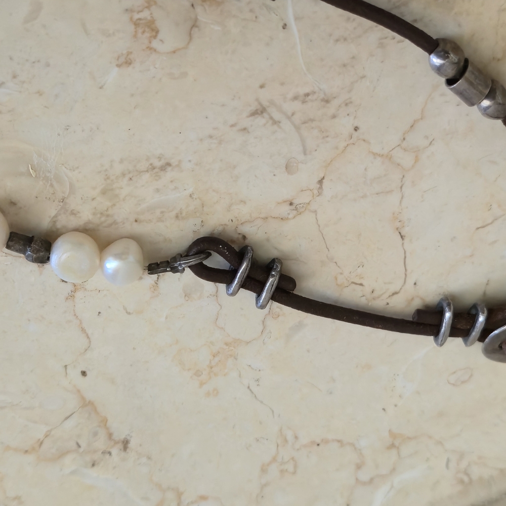 Silpada Brown Leather and White Pearl Necklace & Bracelet - Picture 7 of 9